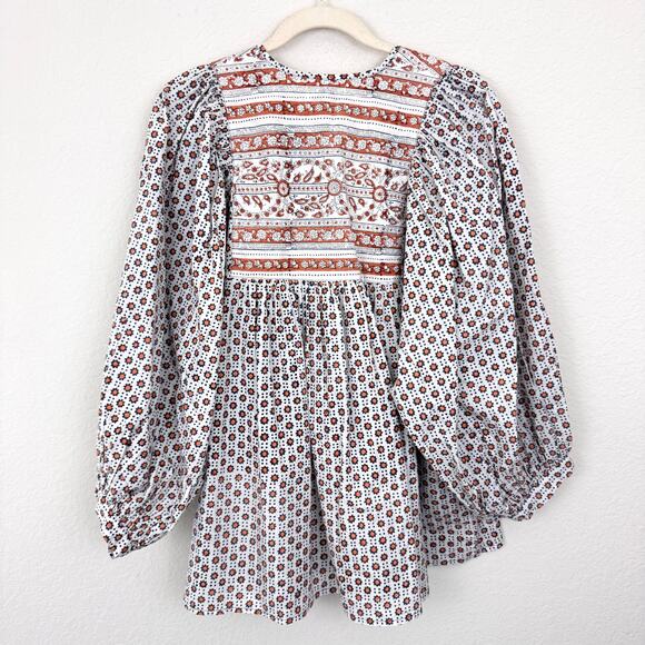 Mille Womens Charlie Top Blouse Size L Floral Organic Cotton Boho Sedona Tan - Picture 4 of 9